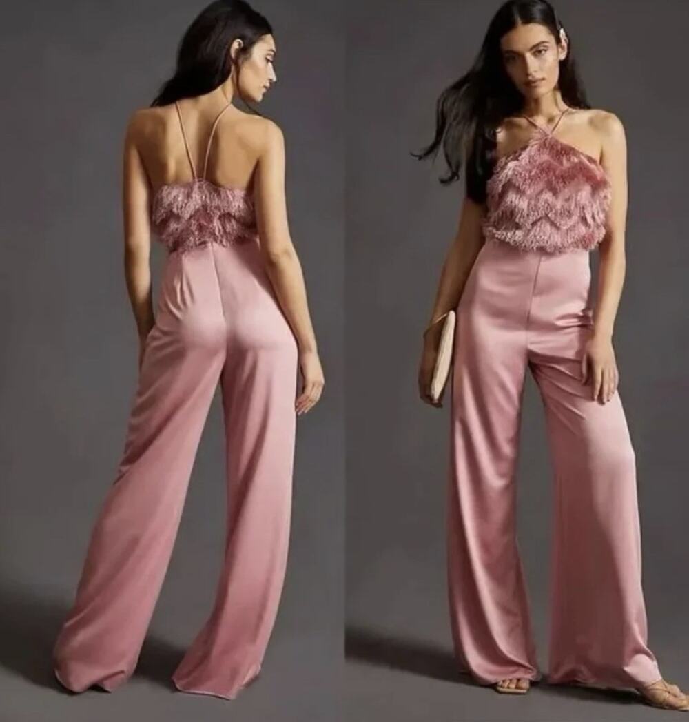 Anthropologie Hutch Pink Wide Leg Feathered Halter Jumpsuit Size 8 - Excellent